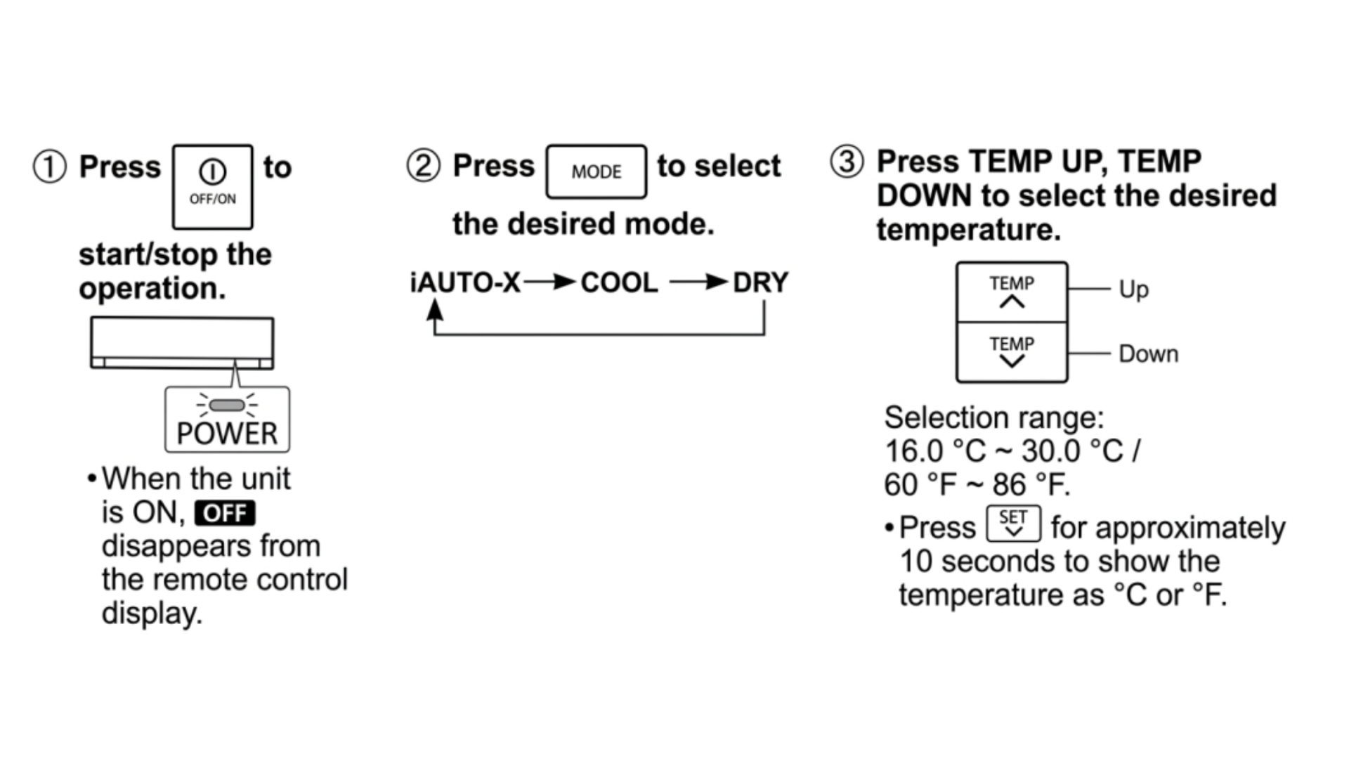 Air conditioner remote — Power, Mode, Temp Up/Down controls